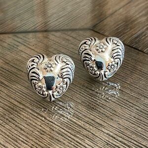 Vintage Silver-tone Repousse Puffed Heart Stud - Post Earrings Flower & Scroll
